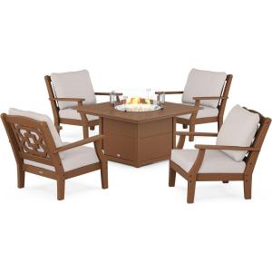 Martha Stewart by POLYWOOD® Chinoiserie 5-Piece Deep Seating Set with Fire Pit Table in Sand/Glacier Spa(Teak / Dune Burlap)