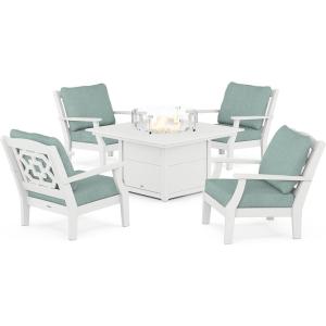 Martha Stewart by POLYWOOD® Chinoiserie 5-Piece Deep Seating Set with Fire Pit Table in Sand/Glacier Spa(White / Glacier Spa)
