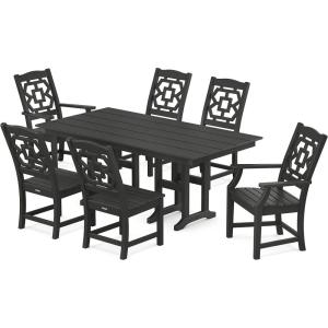 Martha Stewart by POLYWOOD® Chinoiserie 7-Piece Farmhouse Dining Set in Sand(Black)