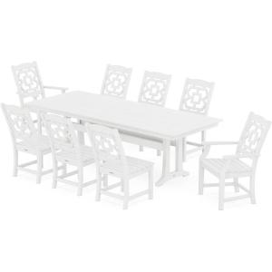 Martha Stewart by POLYWOOD® Chinoiserie 9-Piece Farmhouse Dining Set with Trestle Legs in Sand(White)
