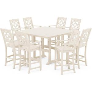 Martha Stewart by POLYWOOD® Chinoiserie 9-Piece Square Bar Set with Trestle Legs in Sand(Sand)