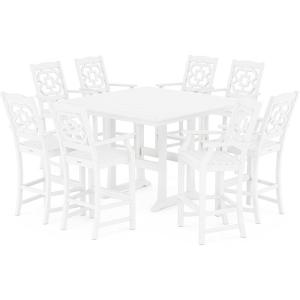 Martha Stewart by POLYWOOD® Chinoiserie 9-Piece Square Bar Set with Trestle Legs in Sand(White)