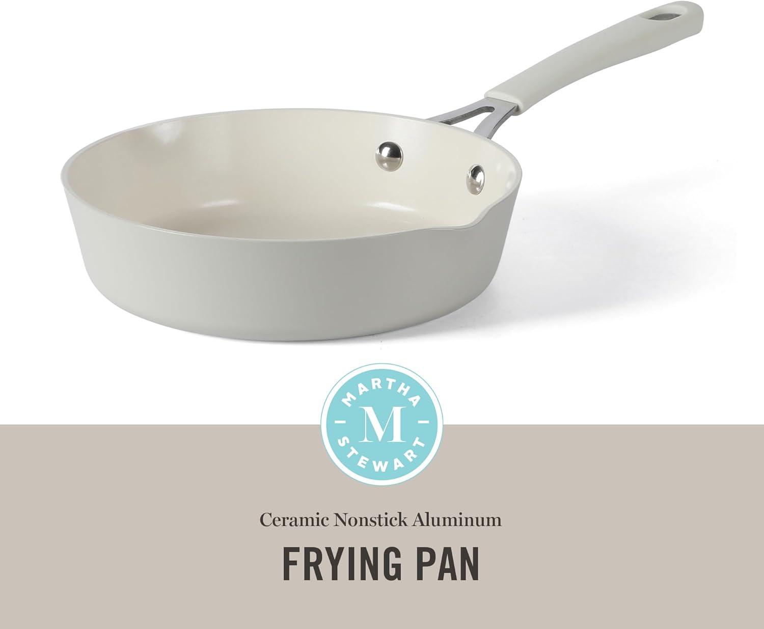 imageMartha Stewart Heathland Premium Nonstick PFA Free Ceramic Interior 10Piece Tapered Aluminum Cookware Set Linen WhiteLinen White