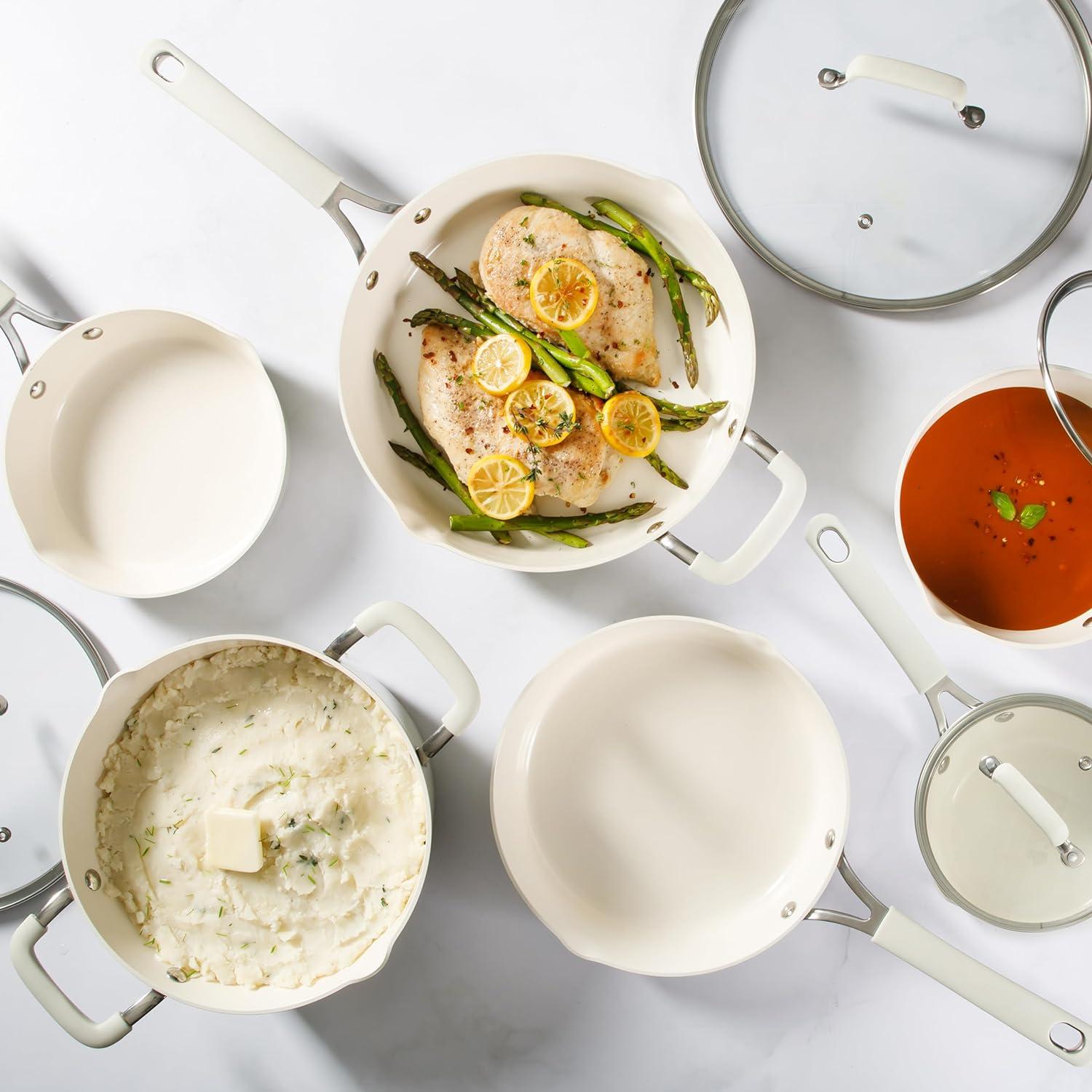 imageMartha Stewart Heathland Premium Nonstick PFA Free Ceramic Interior 10Piece Tapered Aluminum Cookware Set Linen WhiteLinen White