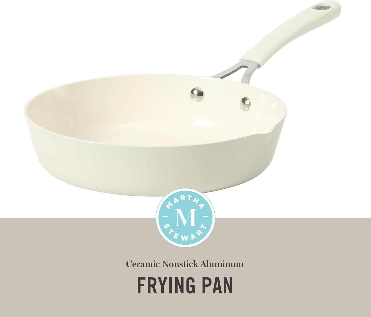 imageMartha Stewart Heathland Premium Nonstick PFA Free Ceramic Interior 10Piece Tapered Aluminum Cookware Set Linen WhiteLinen White