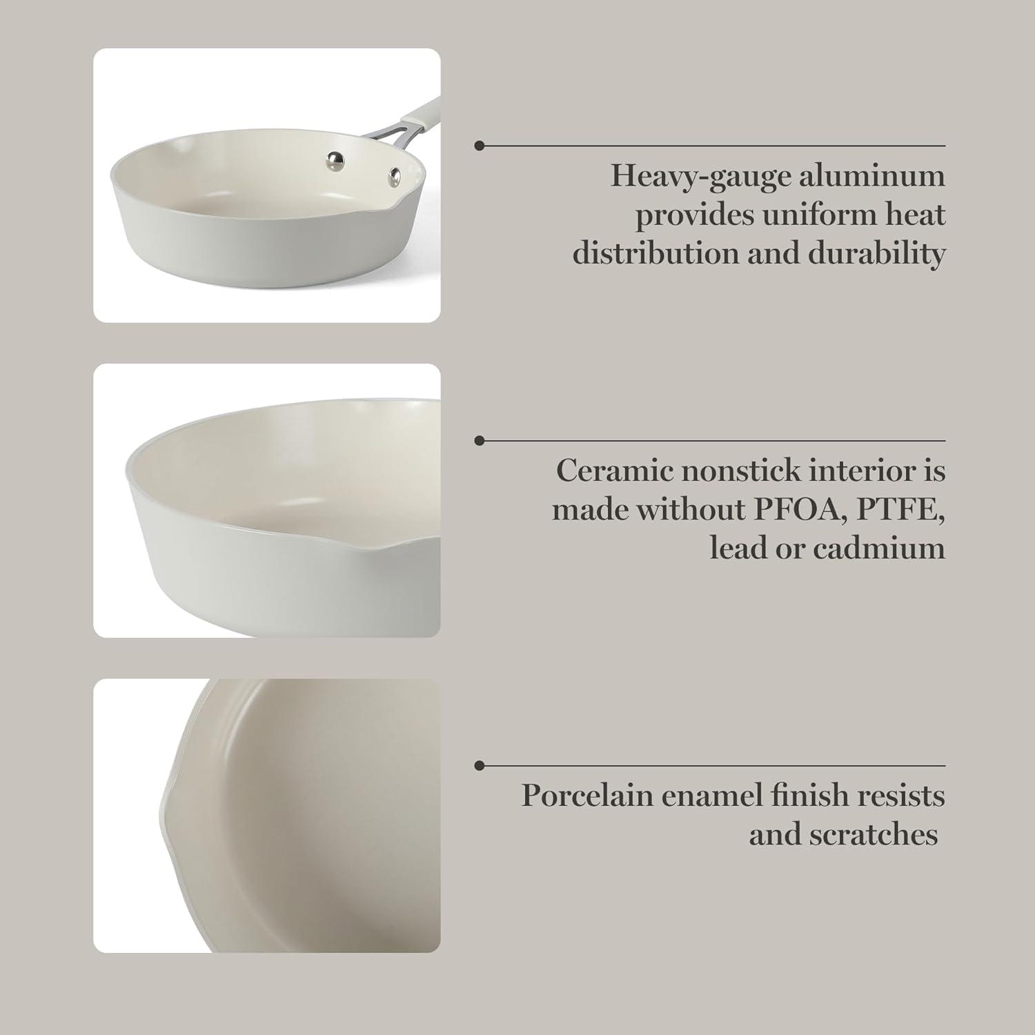 imageMartha Stewart Heathland Premium Nonstick PFA Free Ceramic Interior 10Piece Tapered Aluminum Cookware Set Linen WhiteLinen White