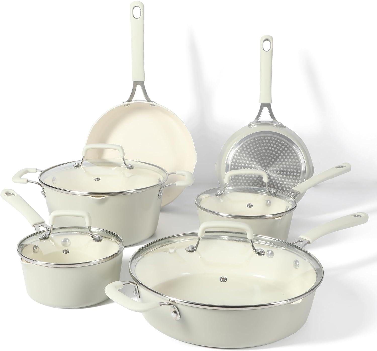 imageMartha Stewart Heathland Premium Nonstick PFA Free Ceramic Interior 10Piece Tapered Aluminum Cookware Set Linen WhiteLinen White