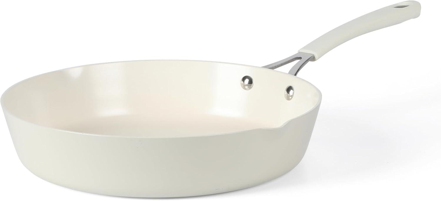 imageMartha Stewart Heathland Premium Nonstick PFA Free Ceramic Interior 10Piece Tapered Aluminum Cookware Set Linen WhiteLinen White