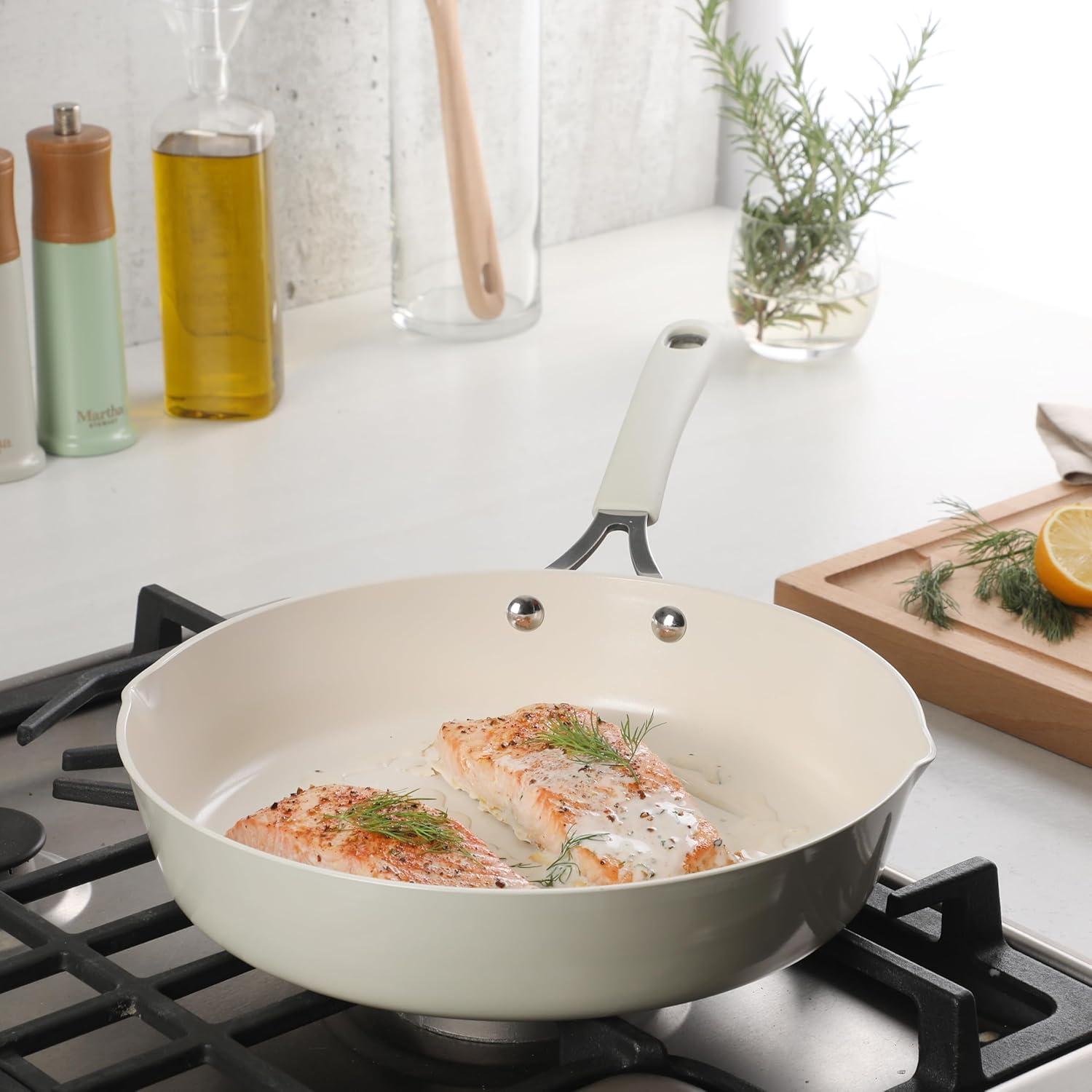 imageMartha Stewart Heathland Premium Nonstick PFA Free Ceramic Interior 10Piece Tapered Aluminum Cookware Set Linen WhiteLinen White
