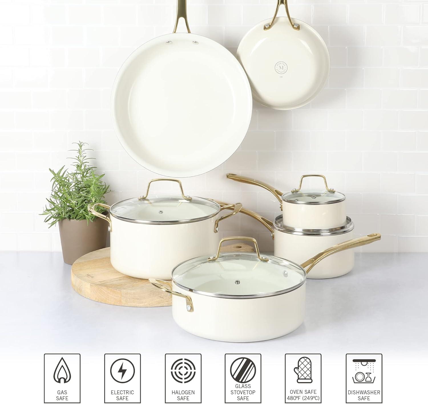 imageMartha Stewart Lockton Premium Non stick Non Toxic PFA Free Ceramic Interior 10 Piece Heavy Gauge Enamel Aluminum Pots and Pans Cookware Set Linen White wGold HandleLinen w Gold Handle
