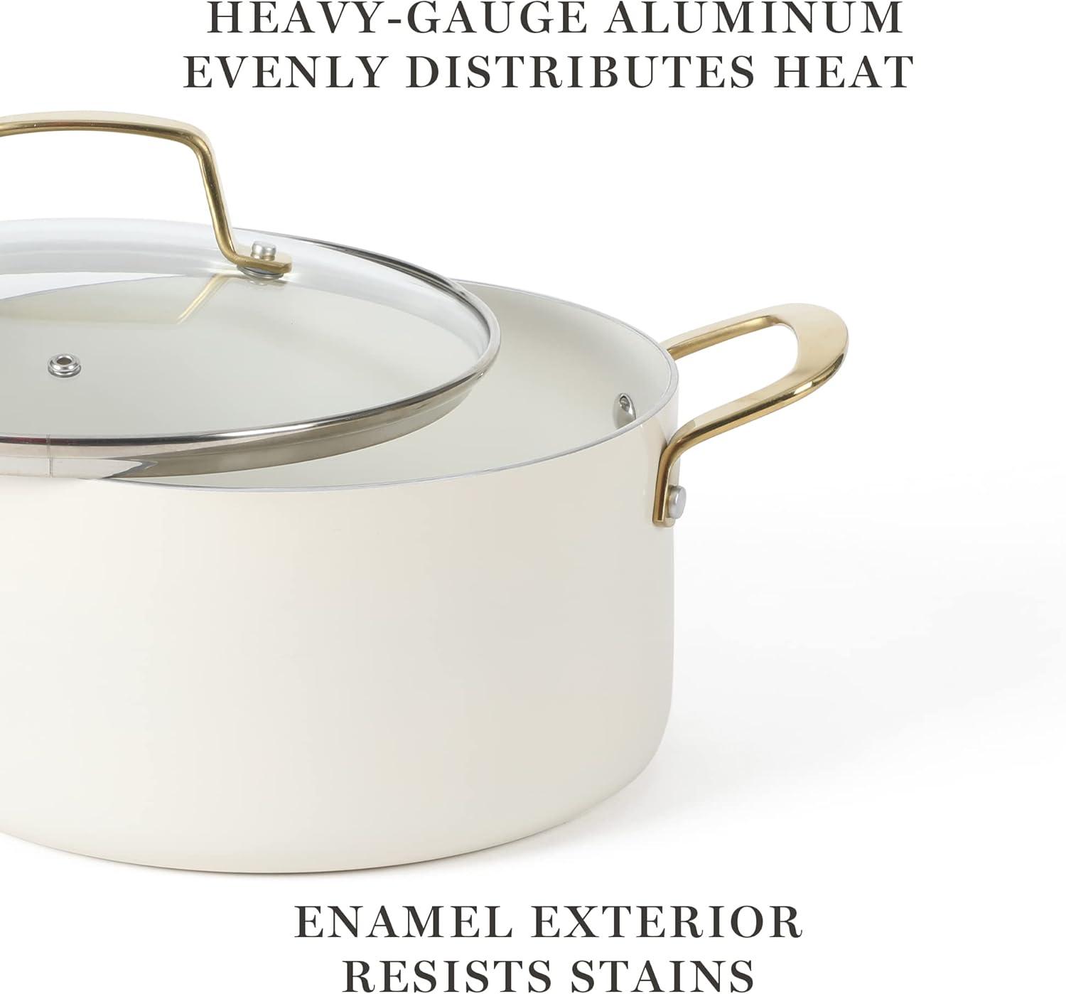imageMartha Stewart Lockton Premium Non stick Non Toxic PFA Free Ceramic Interior 10 Piece Heavy Gauge Enamel Aluminum Pots and Pans Cookware Set Linen White wGold HandleLinen w Gold Handle