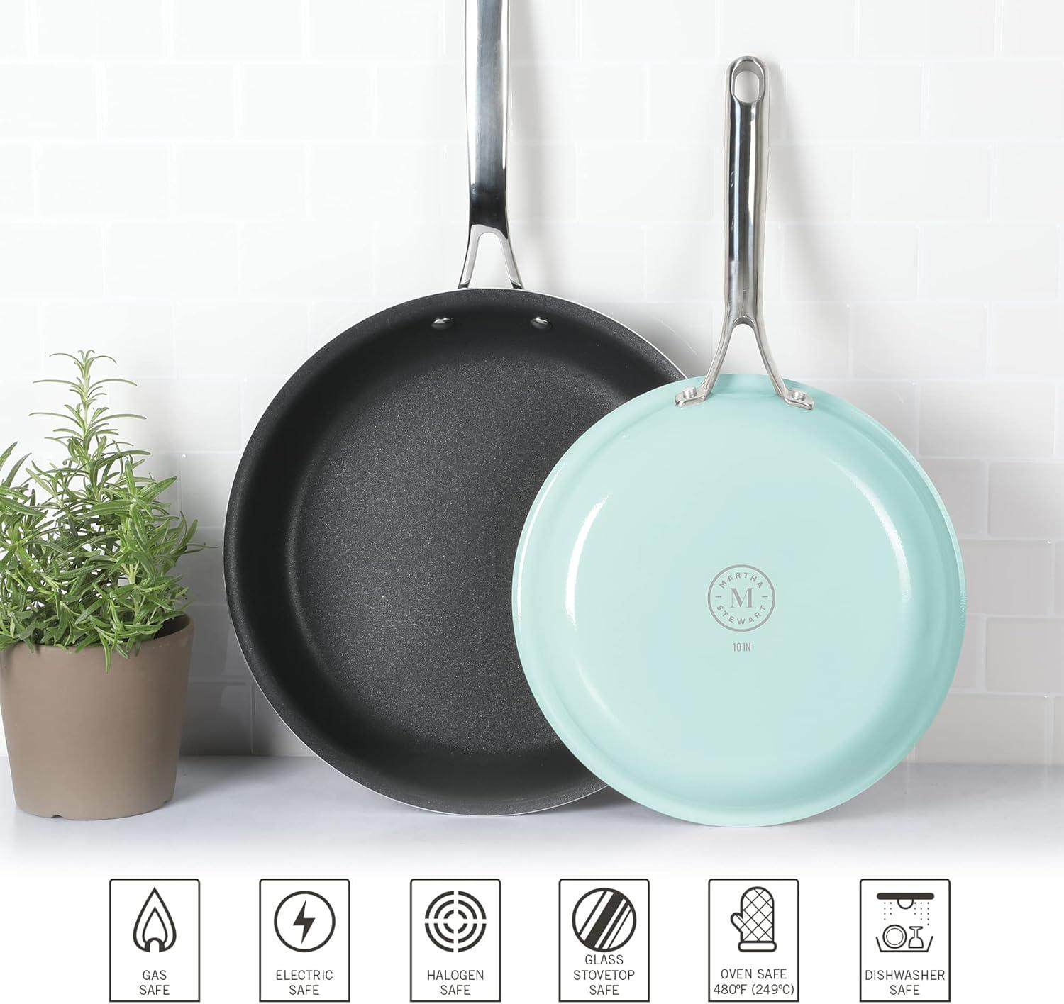 imageMartha Stewart Lockton Premium Non stick Non Toxic PFA Free Ceramic Interior 10 Piece Heavy Gauge Enamel Aluminum Pots and Pans Cookware Set Linen White wGold HandleMartha Blue