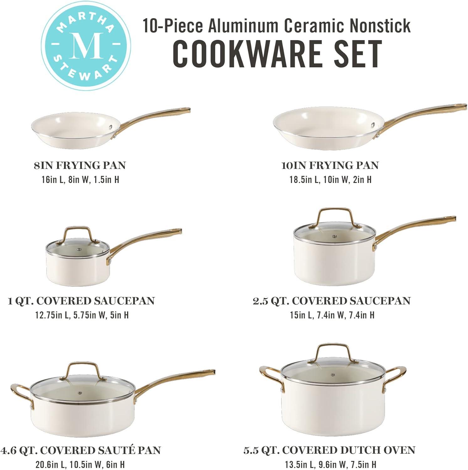 imageMartha Stewart Lockton Premium Non stick Non Toxic PFA Free Ceramic Interior 10 Piece Heavy Gauge Enamel Aluminum Pots and Pans Cookware Set Linen White wGold HandleLinen w Gold Handle