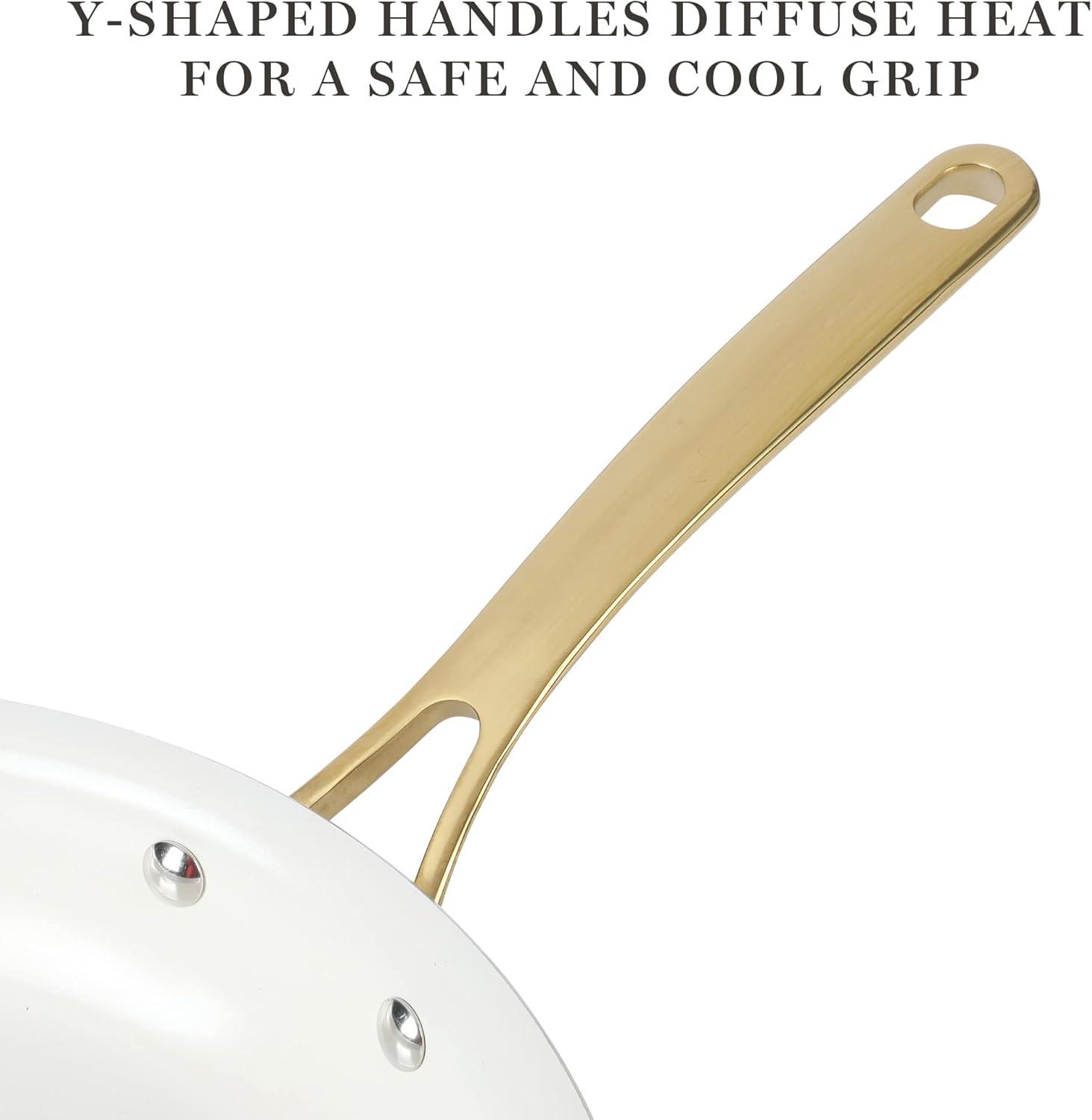 imageMartha Stewart Lockton Premium Non stick Non Toxic PFA Free Ceramic Interior 10 Piece Heavy Gauge Enamel Aluminum Pots and Pans Cookware Set Linen White wGold HandleLinen w Gold Handle