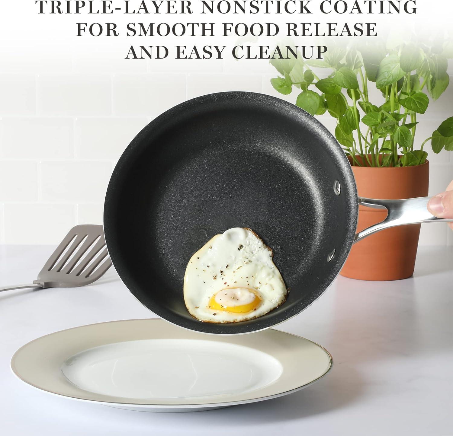 imageMartha Stewart Lockton Premium Non stick Non Toxic PFA Free Ceramic Interior 10 Piece Heavy Gauge Enamel Aluminum Pots and Pans Cookware Set Linen White wGold HandleMartha Blue