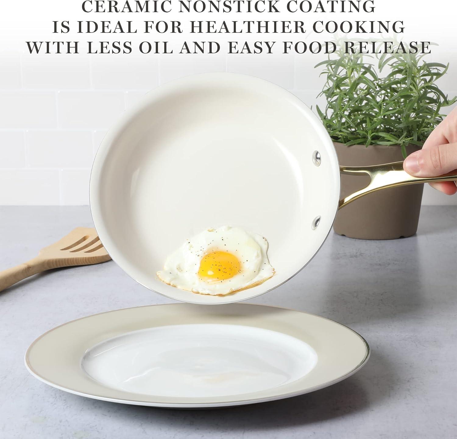 imageMartha Stewart Lockton Premium Non stick Non Toxic PFA Free Ceramic Interior 10 Piece Heavy Gauge Enamel Aluminum Pots and Pans Cookware Set Linen White wGold HandleLinen w Gold Handle