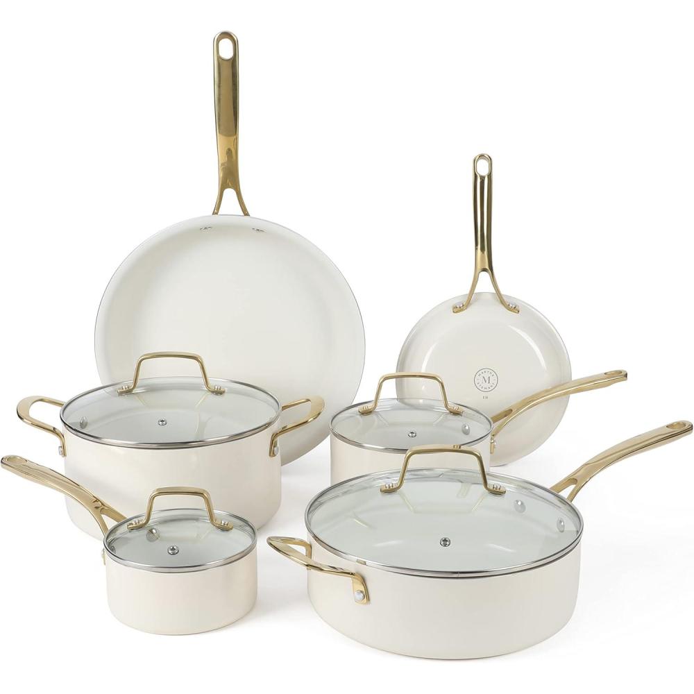 imageMartha Stewart Lockton Premium Non stick Non Toxic PFA Free Ceramic Interior 10 Piece Heavy Gauge Enamel Aluminum Pots and Pans Cookware Set  Linen White wGold HandleLinen w Gold Handle