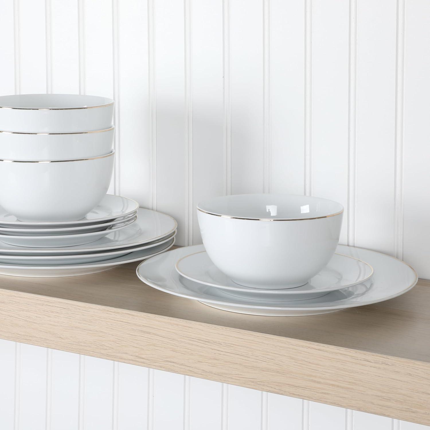 imageMartha Stewart Gracie Lane 12Piece Porcelain Chip and Scratch Resistant Decorated Dinnerware Set Sharkey Grey wGold RimWhite w Gold Band