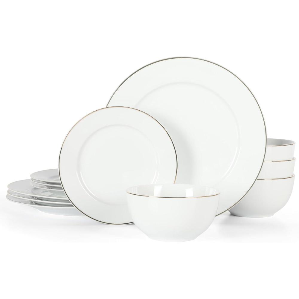 imageMartha Stewart Gracie Lane 12Piece Porcelain Chip and Scratch Resistant Decorated Dinnerware Set  Sharkey Grey wGold RimWhite w Gold Band