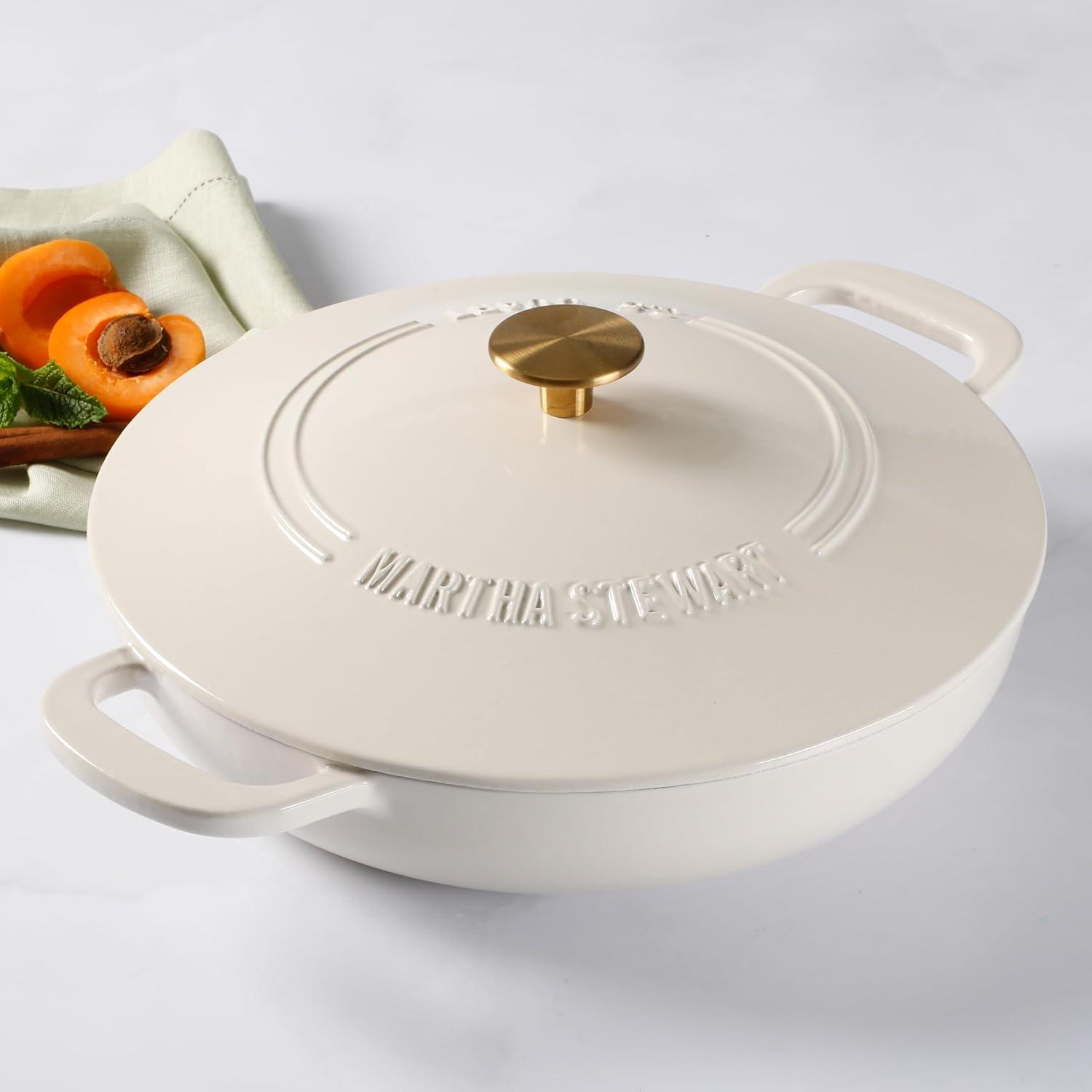 imageMartha Stewart Eastholm 5 QT Enamel Cast Iron Dutch Oven Martha BlueLinen w Gold Knob Braiser
