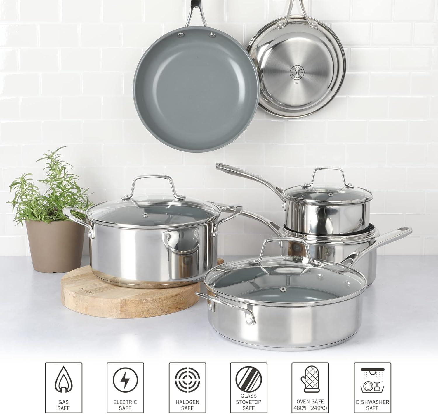 imageMartha Stewart Delaroux 10 Piece Stainless Steel Pots and Pans Kitchen Cookware Set wPFAs Free Premium Nonstick Ceramic Interior