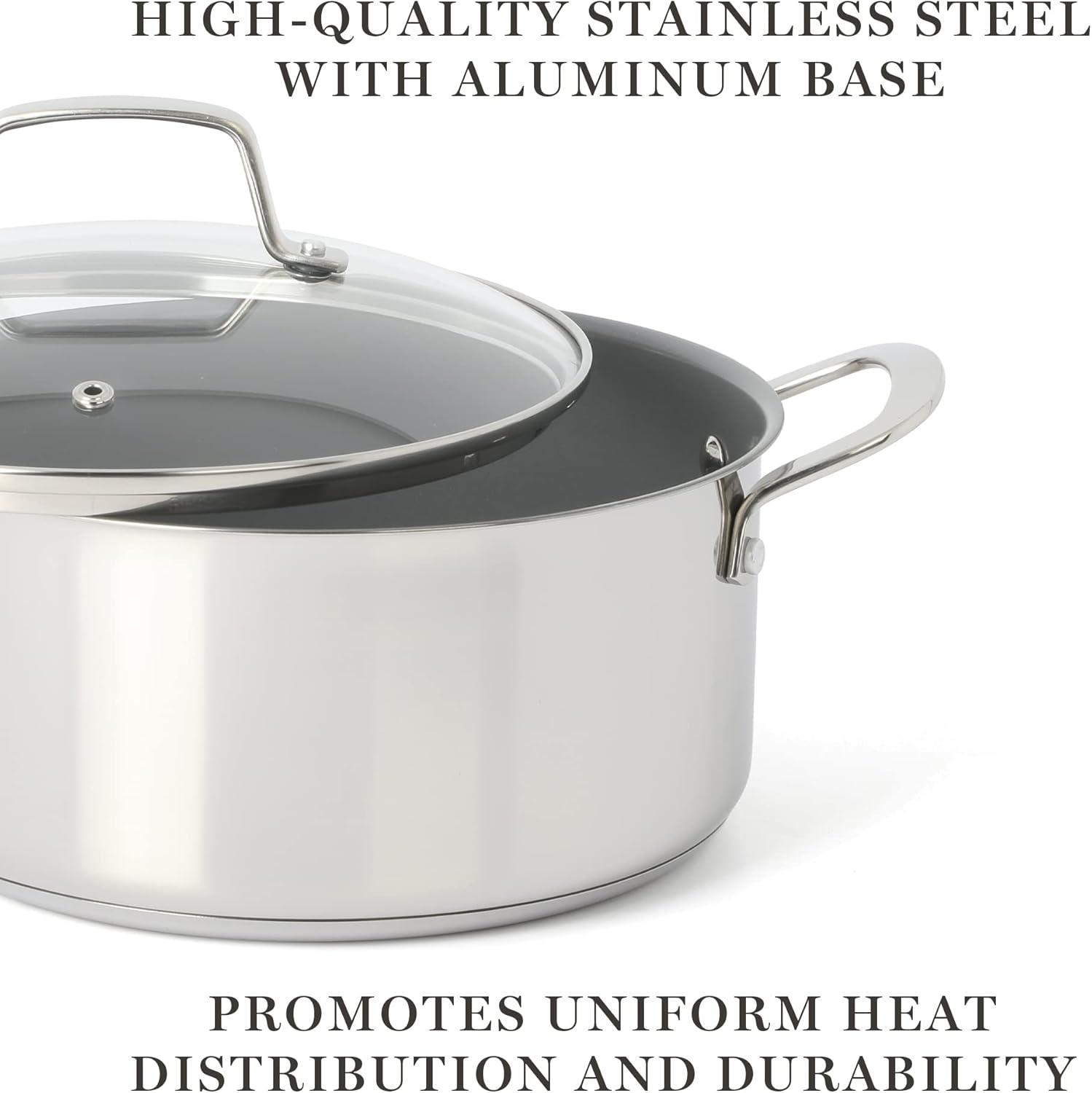 imageMartha Stewart Delaroux 10 Piece Stainless Steel Pots and Pans Kitchen Cookware Set wPFAs Free Premium Nonstick Ceramic Interior