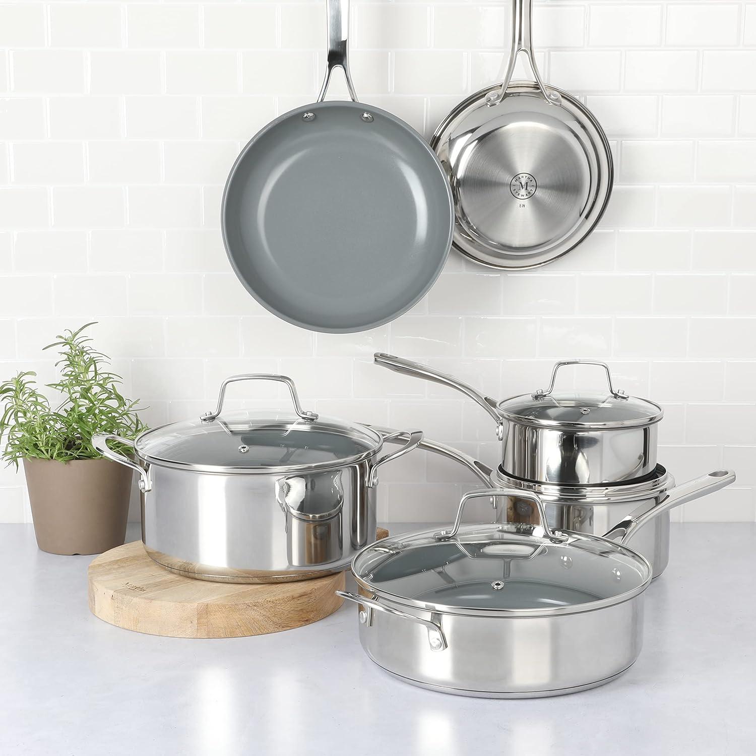 imageMartha Stewart Delaroux 10 Piece Stainless Steel Pots and Pans Kitchen Cookware Set wPFAs Free Premium Nonstick Ceramic Interior