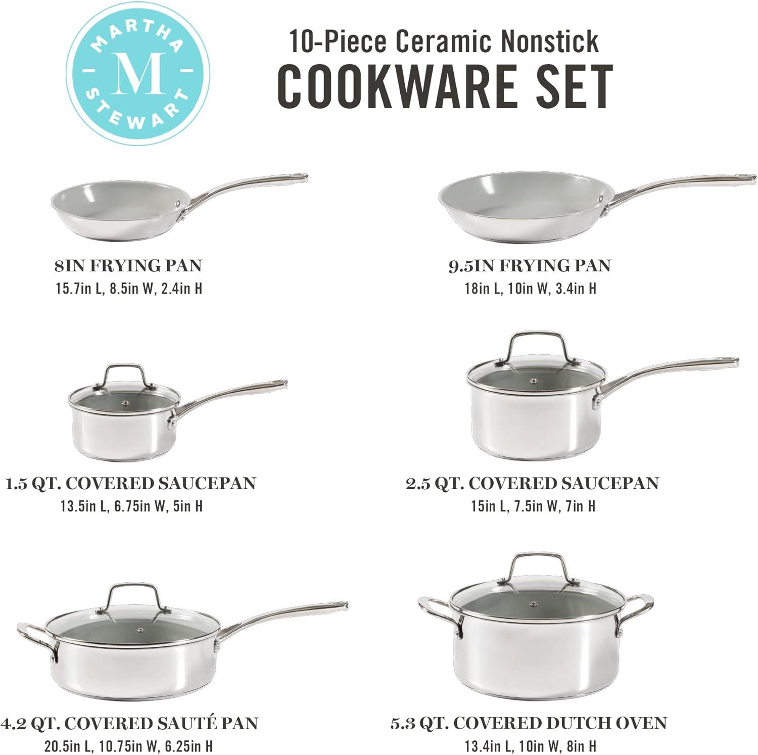 imageMartha Stewart Delaroux 10 Piece Stainless Steel Pots and Pans Kitchen Cookware Set wPFAs Free Premium Nonstick Ceramic Interior