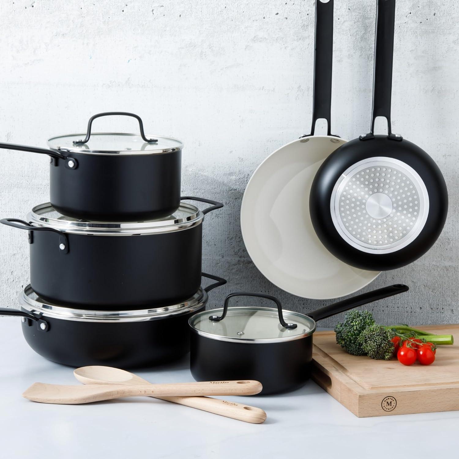 imageMartha Stewart Emmeline Premium Nonstick PFA Free Ceramic Interior 12 Piece Heavy Gauge Enamel Aluminum Pots and Pans Cookware Set TealBlack
