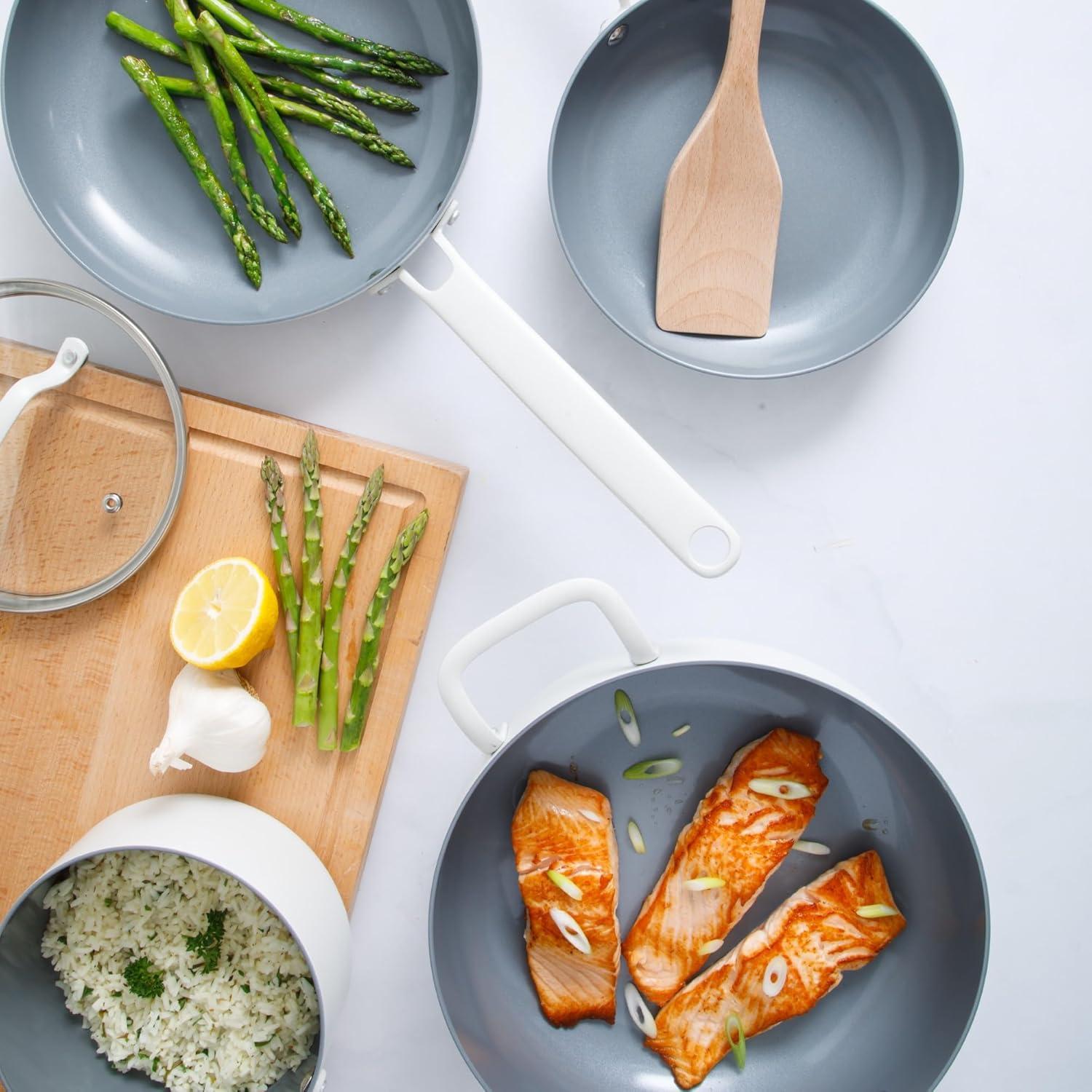 imageMartha Stewart Emmeline Premium Nonstick PFA Free Ceramic Interior 12 Piece Heavy Gauge Enamel Aluminum Pots and Pans Cookware Set TealLinen White