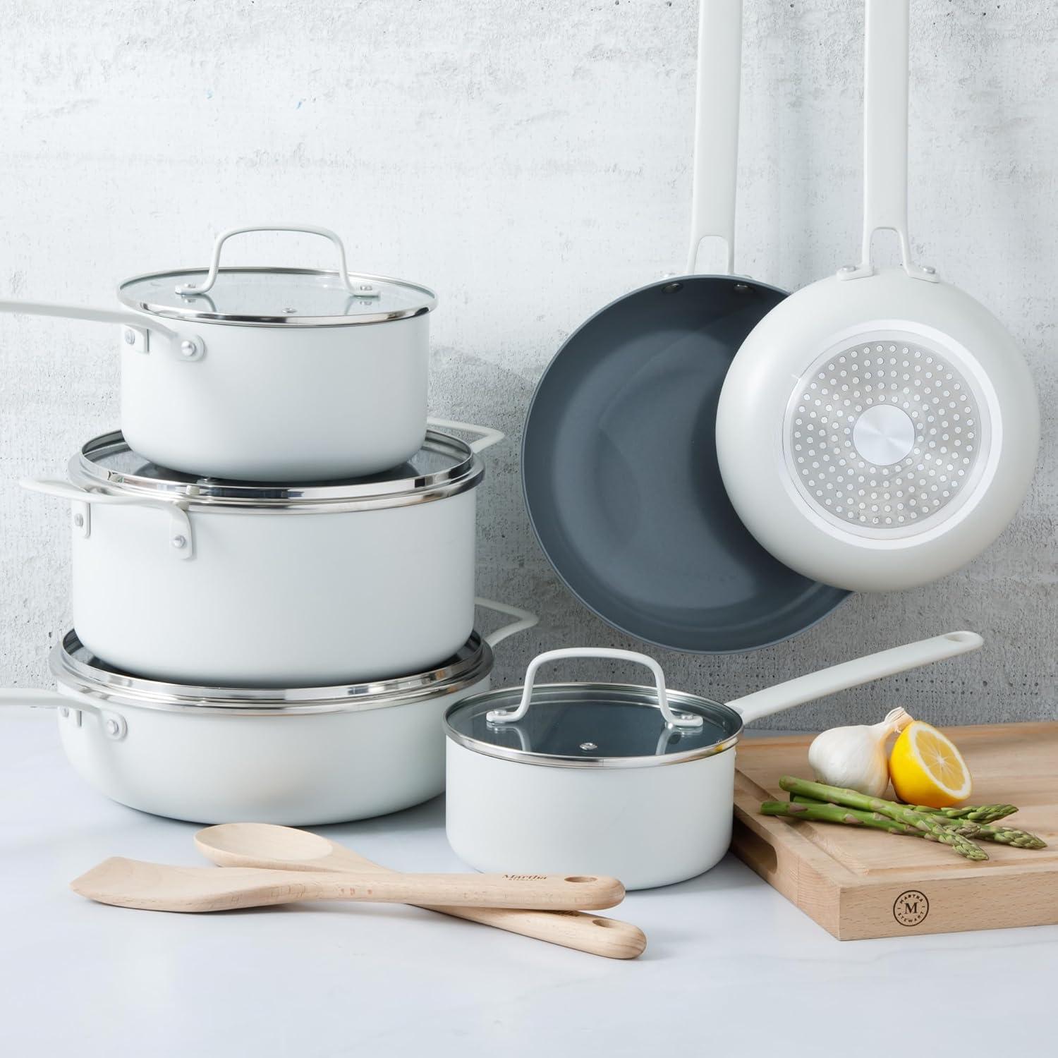 imageMartha Stewart Emmeline Premium Nonstick PFA Free Ceramic Interior 12 Piece Heavy Gauge Enamel Aluminum Pots and Pans Cookware Set TealLinen White