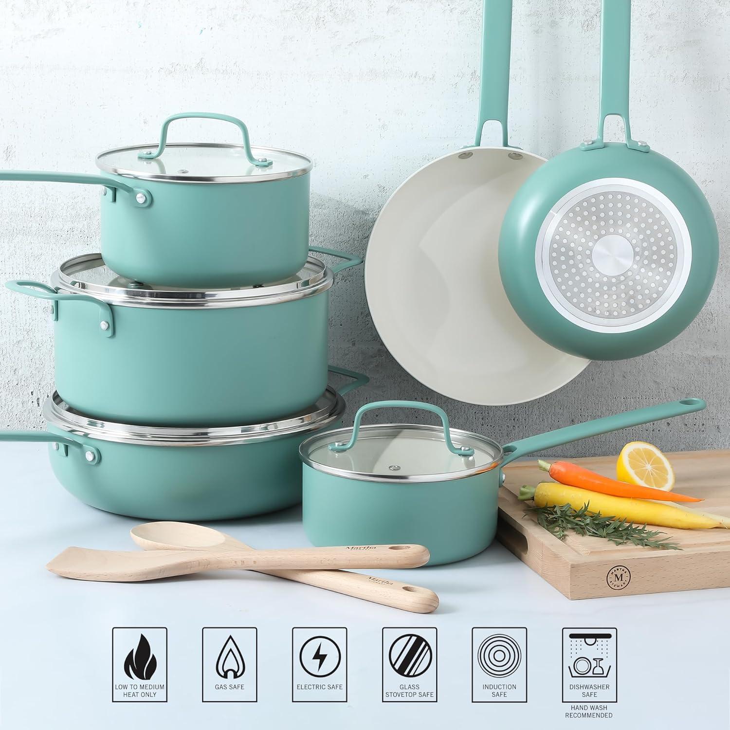 imageMartha Stewart Emmeline Premium Nonstick PFA Free Ceramic Interior 12 Piece Heavy Gauge Enamel Aluminum Pots and Pans Cookware Set TealTeal