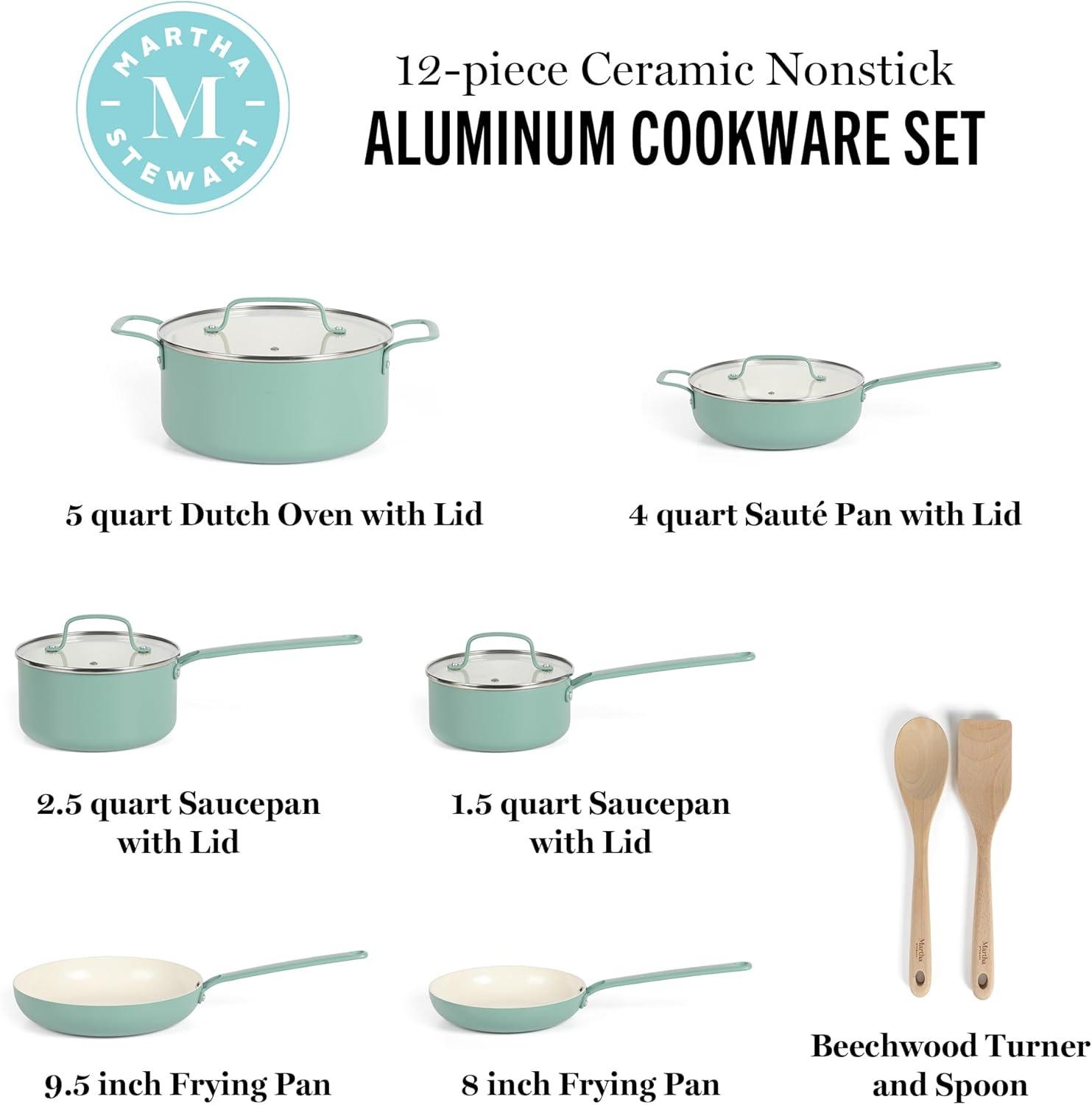 imageMartha Stewart Emmeline Premium Nonstick PFA Free Ceramic Interior 12 Piece Heavy Gauge Enamel Aluminum Pots and Pans Cookware Set TealTeal