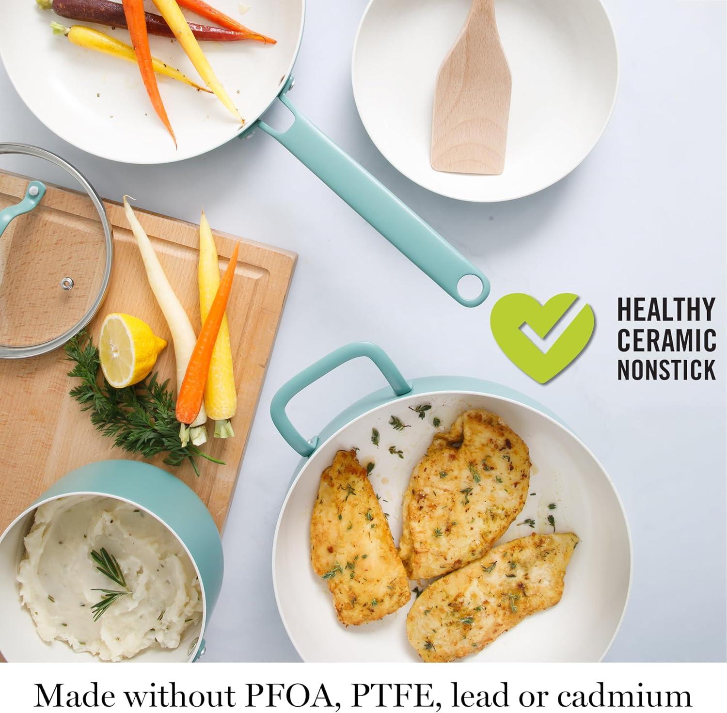 imageMartha Stewart Emmeline Premium Nonstick PFA Free Ceramic Interior 12 Piece Heavy Gauge Enamel Aluminum Pots and Pans Cookware Set TealTeal