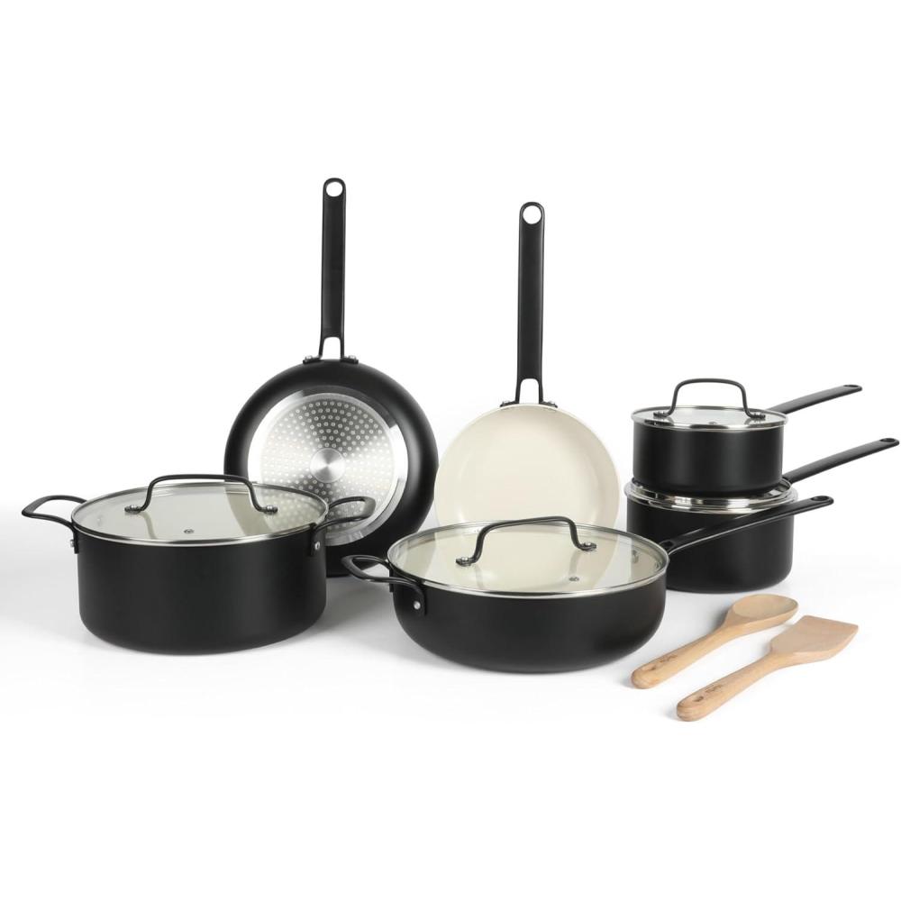 imageMartha Stewart Emmeline Premium Nonstick PFA Free Ceramic Interior 12 Piece Heavy Gauge Enamel Aluminum Pots and Pans Cookware Set TealBlack