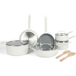 Martha Stewart Emmeline Premium Nonstick PFA Free Ceramic Interior 12 Piece Heavy Gauge Enamel Aluminum Pots and Pans Cookware Set – Teal(Linen White)