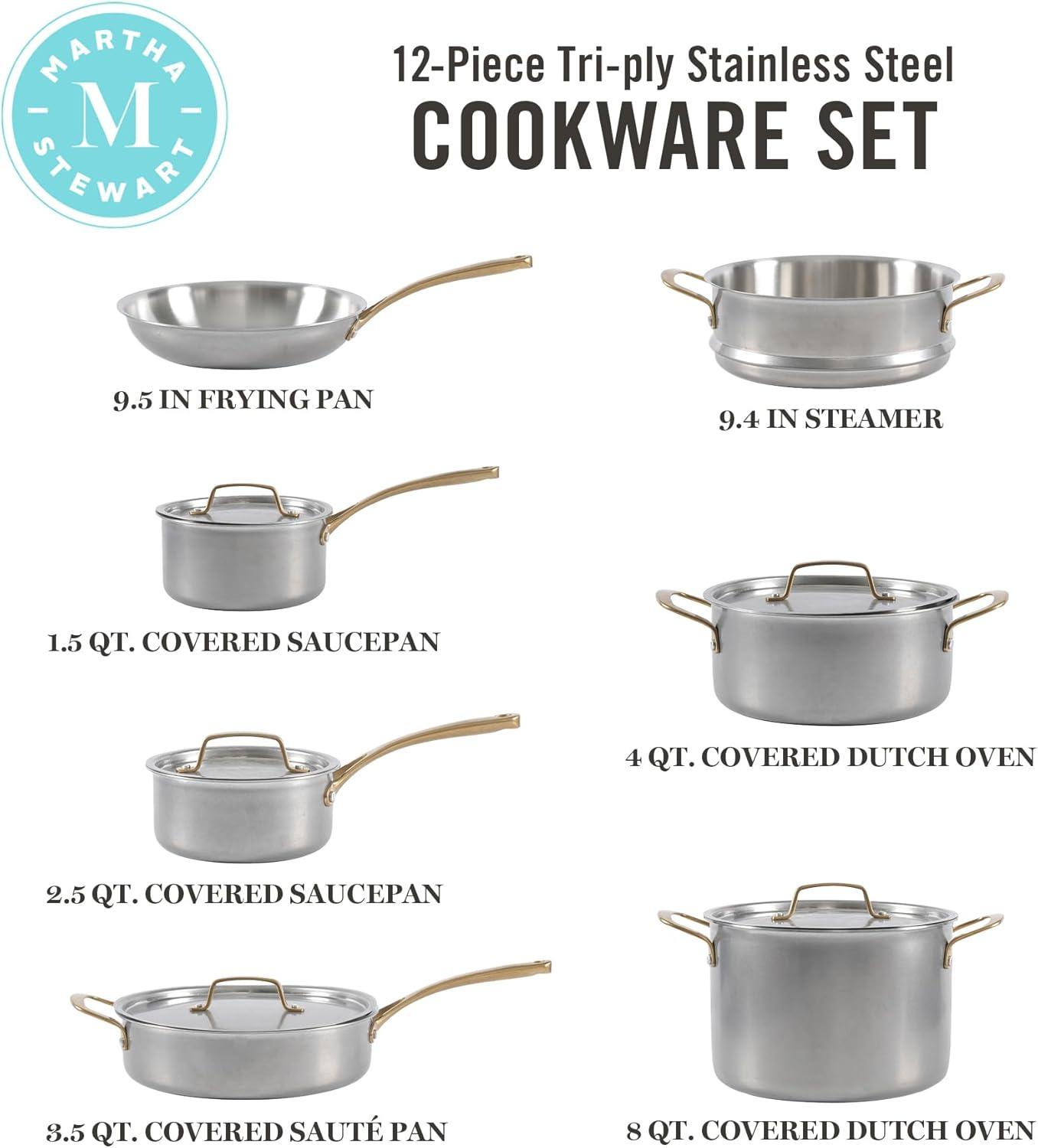 imageMARTHA STEWART Vintage 188 Triply Stainless Steel 12 Piece Cookware Set wGold HandlesStainless Steel w Gold Handles