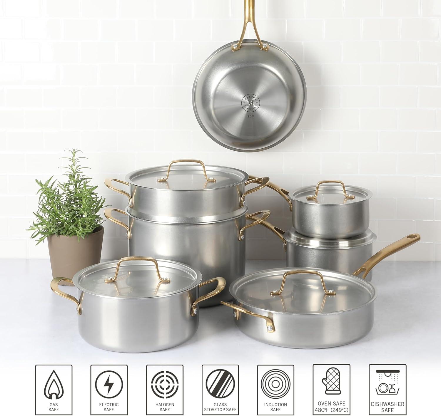 imageMARTHA STEWART Vintage 188 Triply Stainless Steel 12 Piece Cookware Set wGold HandlesStainless Steel w Gold Handles