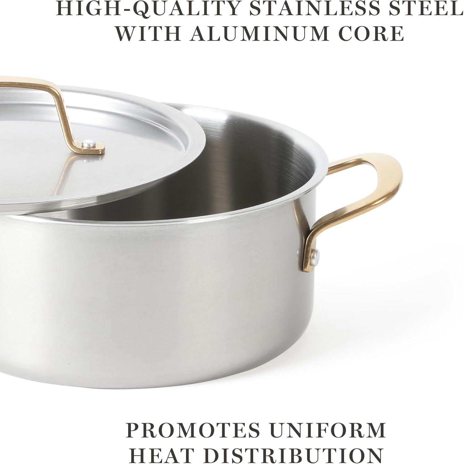 imageMARTHA STEWART Vintage 188 Triply Stainless Steel 12 Piece Cookware Set wGold HandlesStainless Steel w Gold Handles