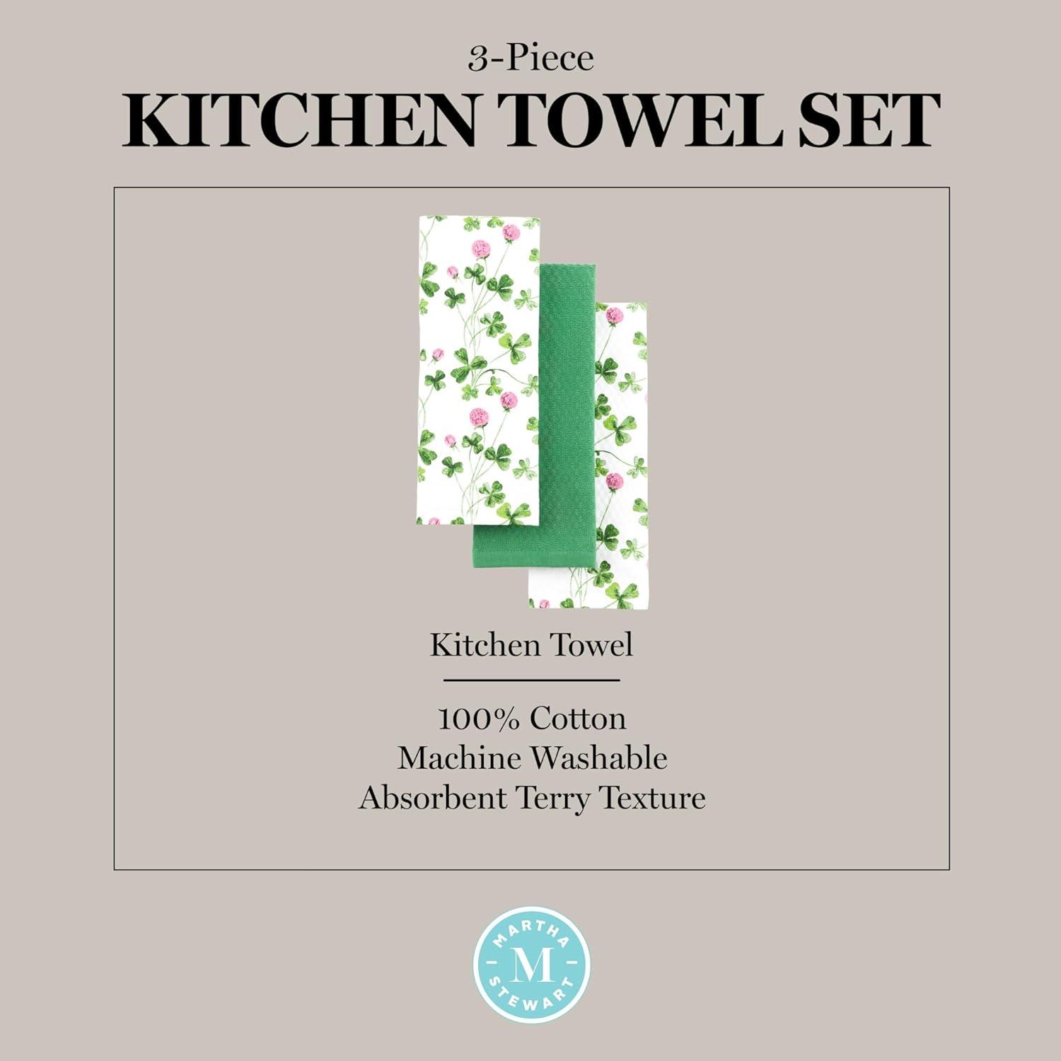 imageMartha Stewart Clover Meadow Kitchen Towel Set 3Pack Absorbent 100 Cotton St Patricks Day WhiteGreen 13x175