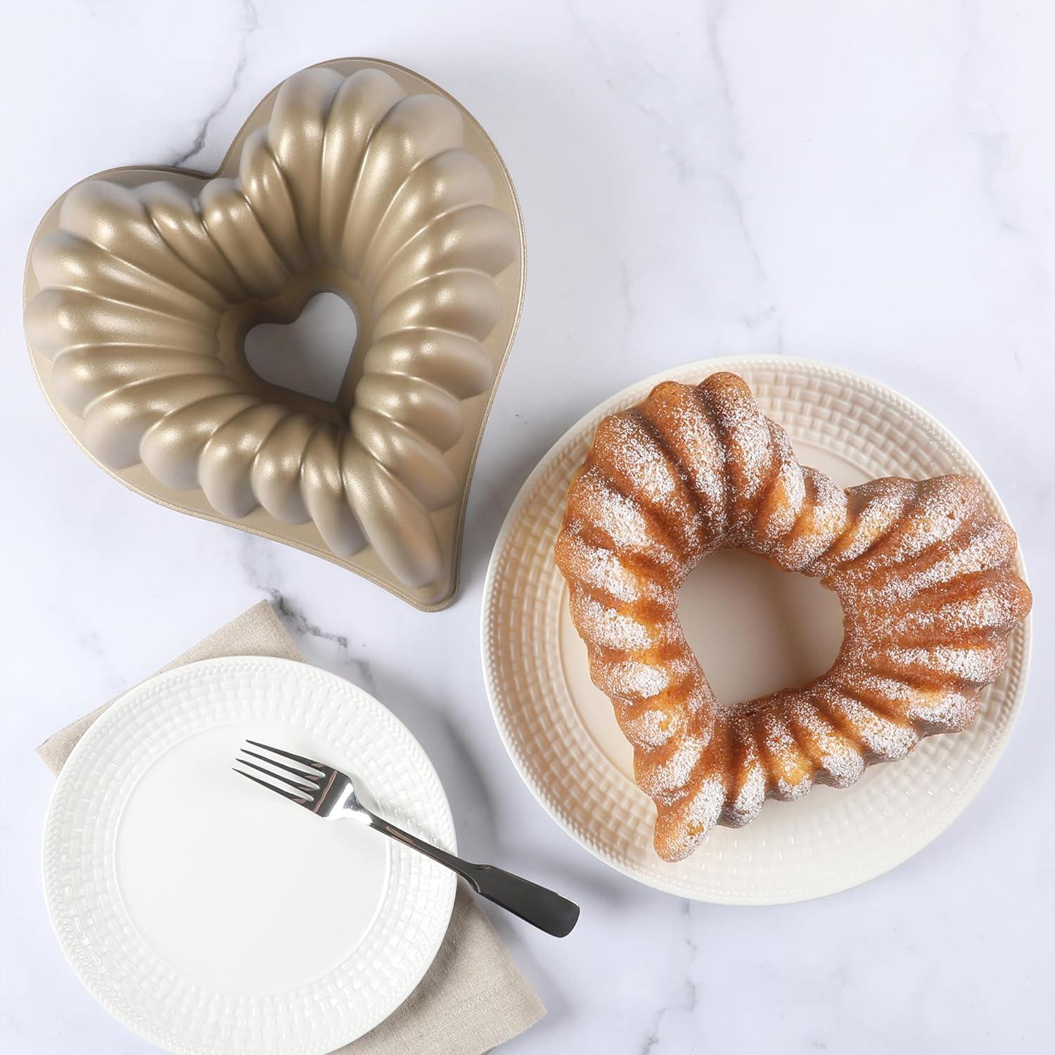 imageMartha Stewart Dunelle 1075 HeartShaped Cake Mold Cast Aluminum Nonstick Fluted Cake Pan Easy Release OvenSafe to 450FChampagne Gold