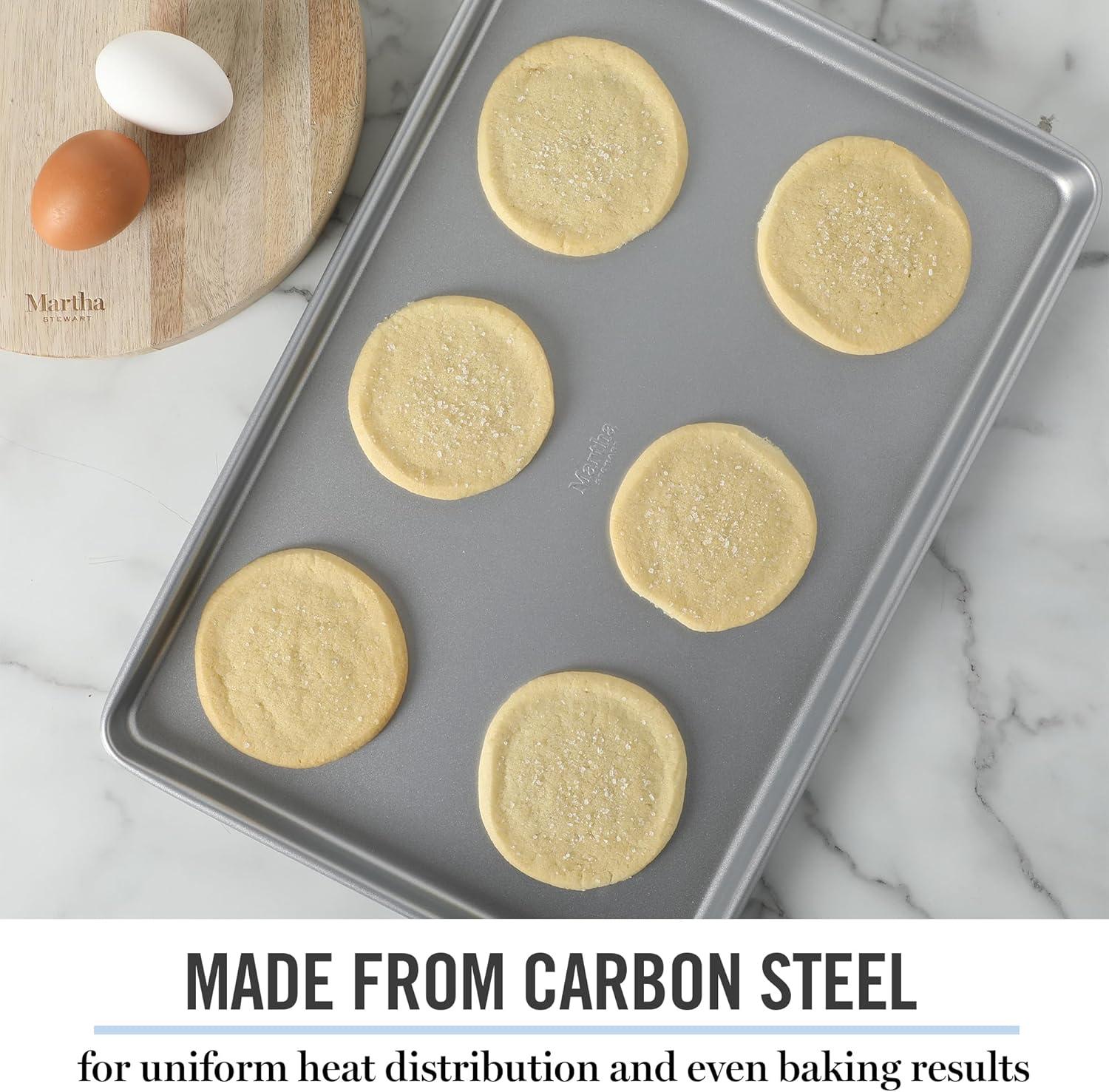imageMartha Stewart Gallen 15 x 10 Inch Nonstick Carbon Steel Cookie Sheet Cool Grey Durable Bakeware for Even Baking and Easy CleanupSilver