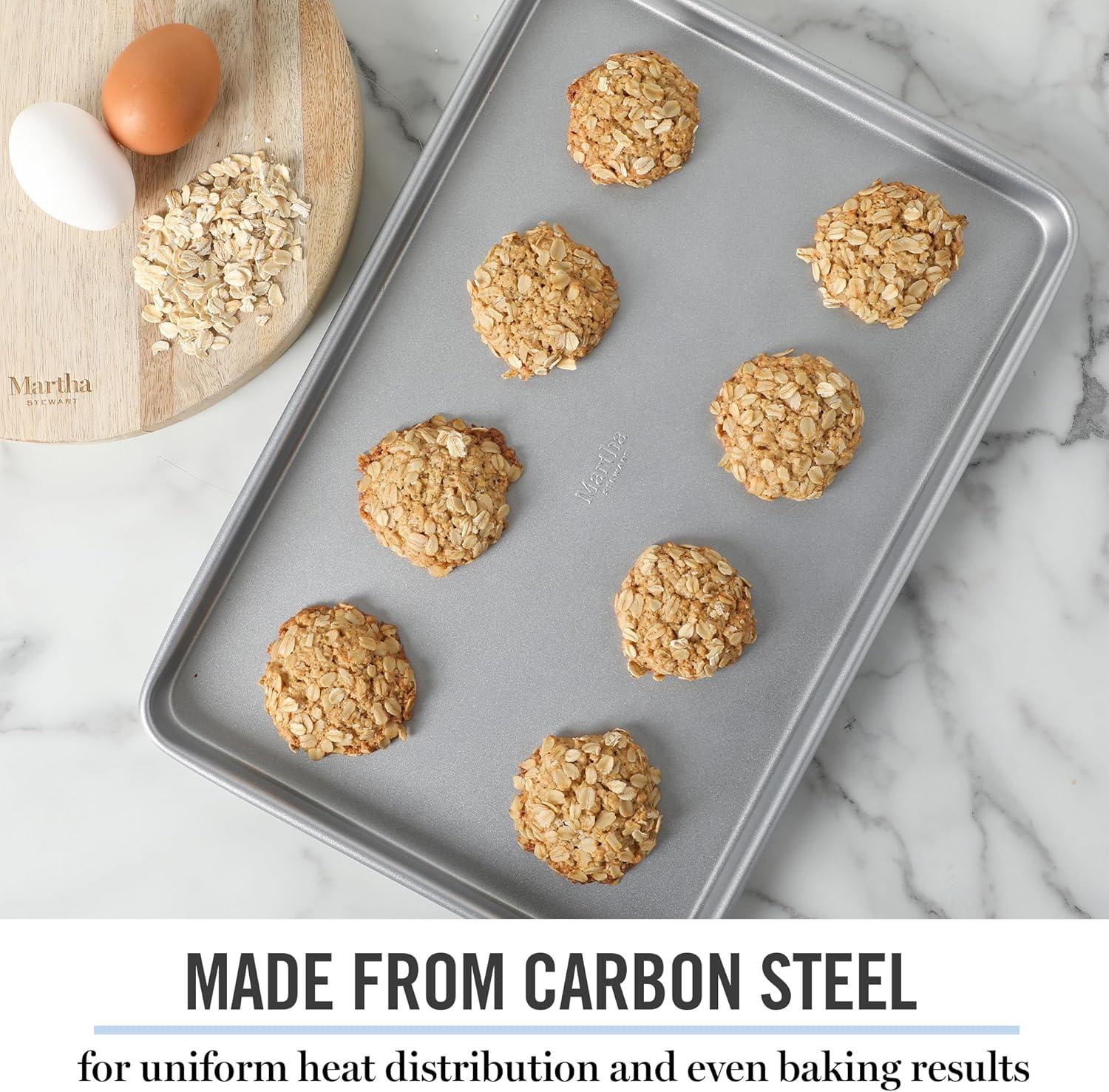 imageMartha Stewart Gallen 15 x 10 Inch Nonstick Carbon Steel Cookie Sheet Cool Grey Durable Bakeware for Even Baking and Easy CleanupSilver