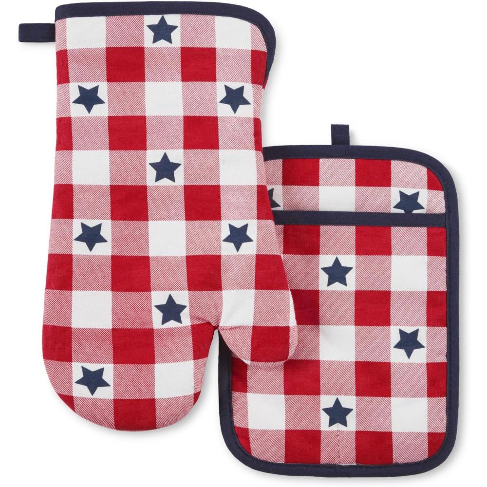 imageMARTHA STEWART Americana Star Gihgham Oven Mitt amp Pot Holder Set 100 Cotton Heat Resistant Patriotic USA America Decor RedWhiteBlue 7x13 amp 7x10