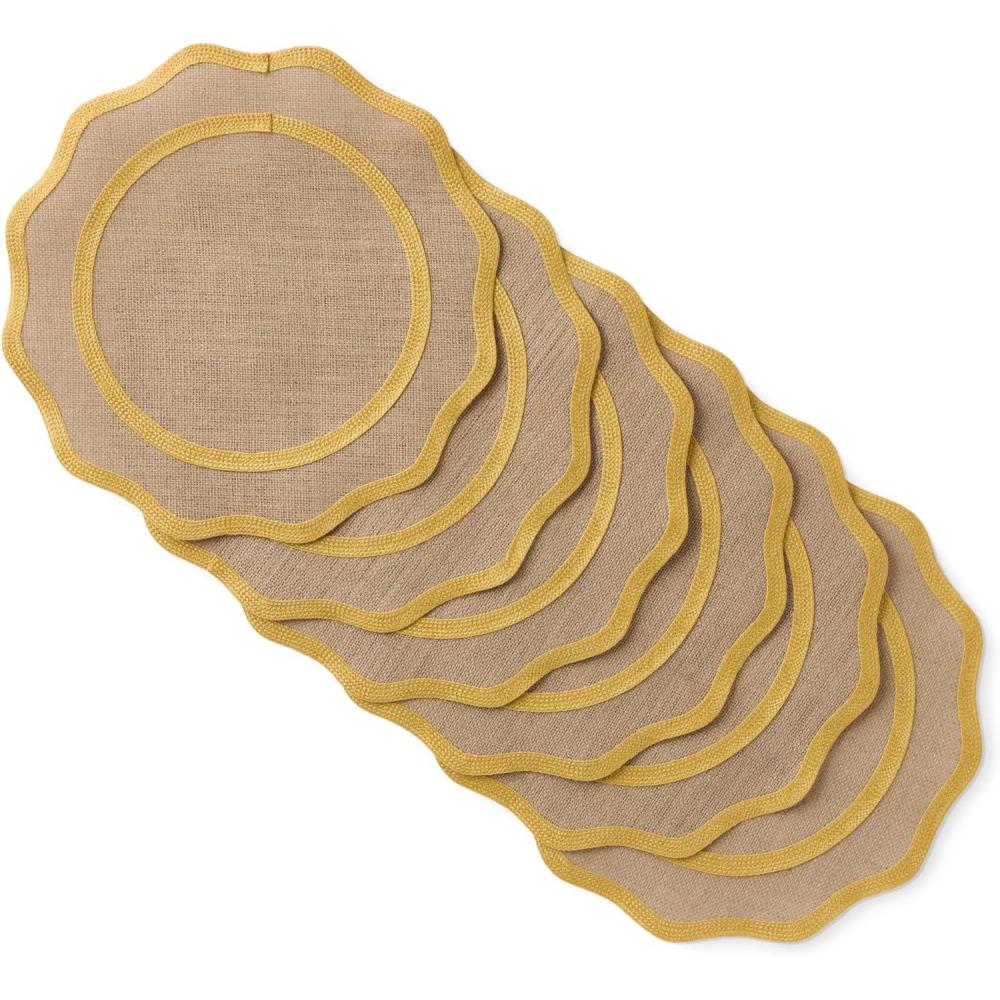 imageMARTHA STEWART Hessian Textured Wedge Border Placemats 6Pack Set 100 Natural Jute amp Burlap Woven Scallop Border Placemat NaturalMustard Yellow 15x15 RoundNaturalMustard Yellow