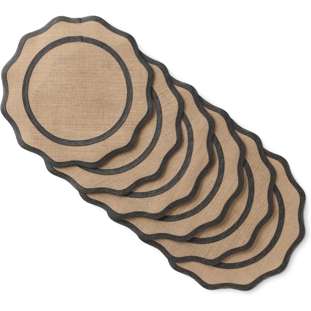 imageMARTHA STEWART Hessian Textured Wedge Border Placemats 6Pack Set 100 Natural Jute amp Burlap Woven Scallop Border Placemat NaturalMustard Yellow 15x15 RoundNaturalBlack
