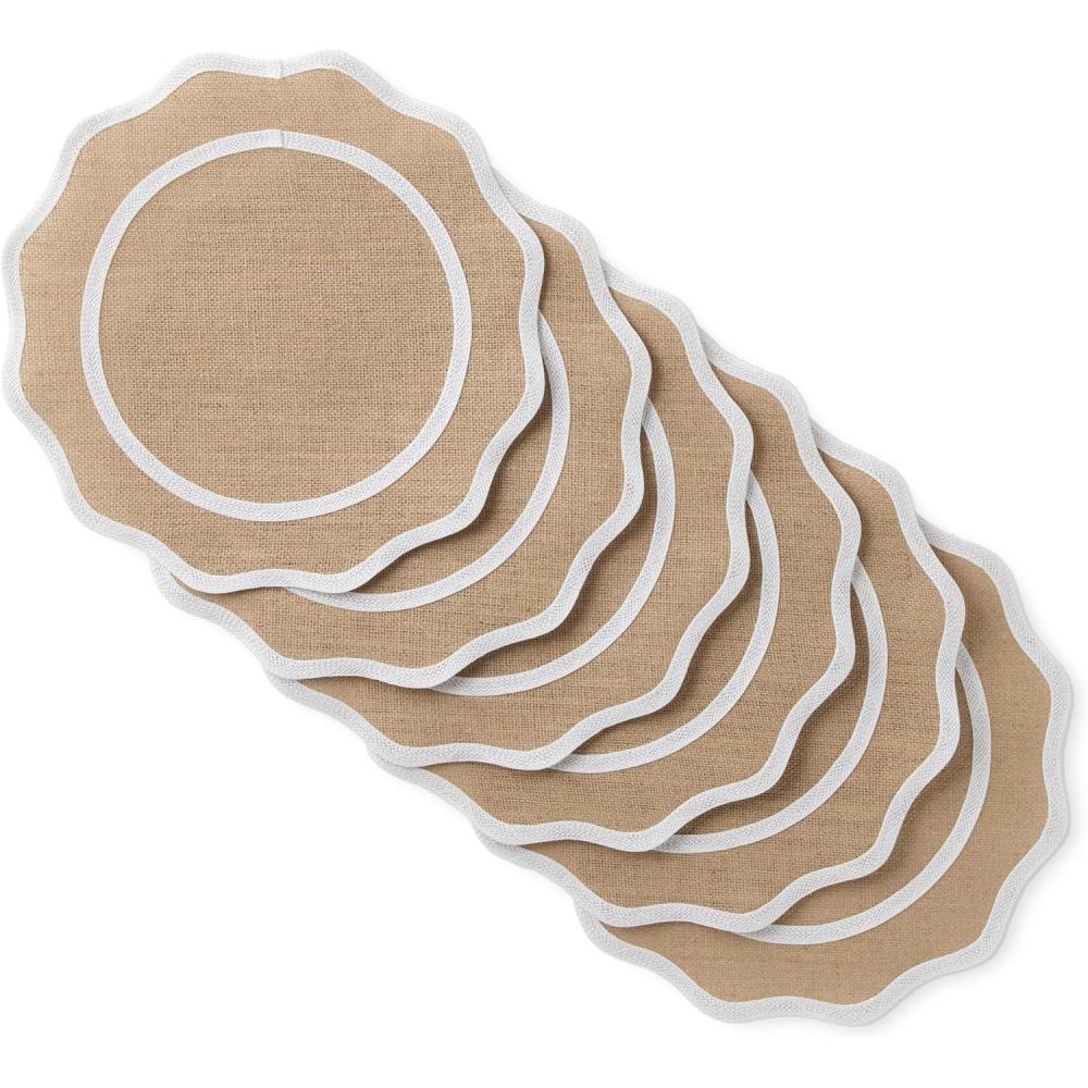 imageMARTHA STEWART Hessian Textured Wedge Border Placemats 6Pack Set 100 Natural Jute amp Burlap Woven Scallop Border Placemat NaturalMustard Yellow 15x15 RoundNaturalWhite