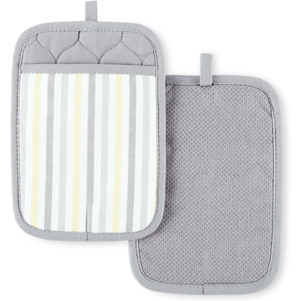 imageMartha Stewart Daisy Stripe Pot Holder Set 2Pack Green 7x10GreyYellow
