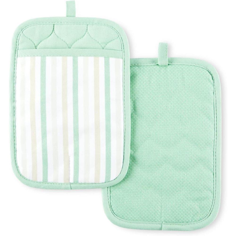 imageMartha Stewart Daisy Stripe Pot Holder Set 2Pack Green 7x10Mint
