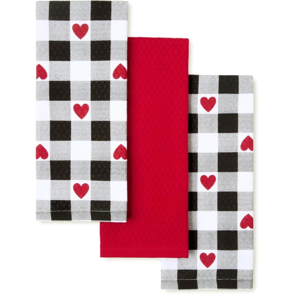 imageMartha Stewart Love Check Gingham Hearts Decorative Kitchen Towels 3Pack Set 100 Cotton Absorbent Valentines Day Dcor BlackWhiteRed 16x28